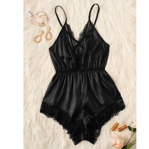 Contrast lace/satin romper bodysuit